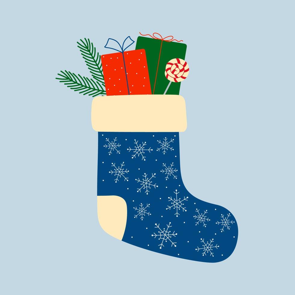 Blue christmas sock with gift boxes, fir branch and candy cane. Christmas winter design element in doodle style. vector