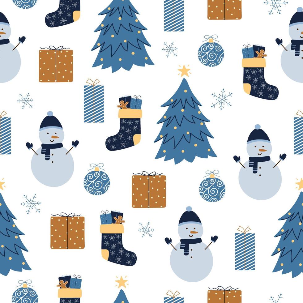 Christmas seamless pattern. Cute winter elements in blue and brown colors. vector