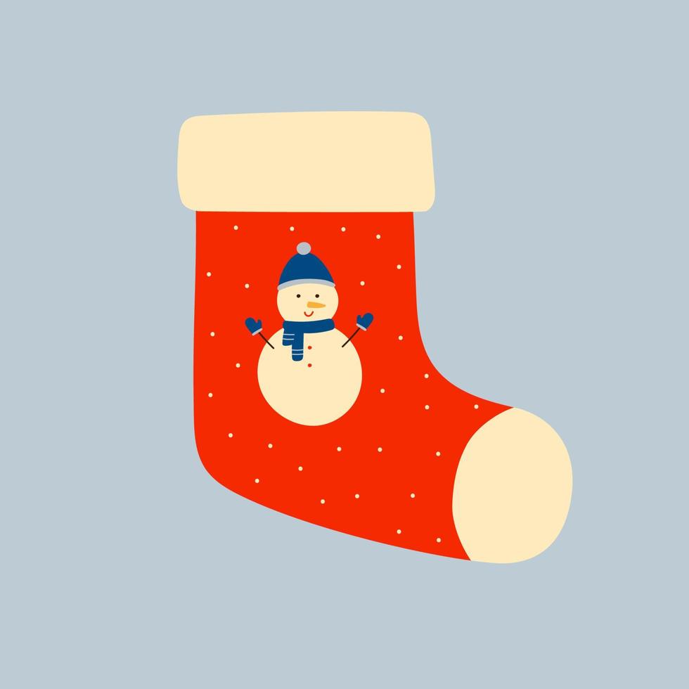 calcetín rojo de navidad con muñeco de nieve. elemento de diseño de invierno de Navidad en estilo doodle. vector
