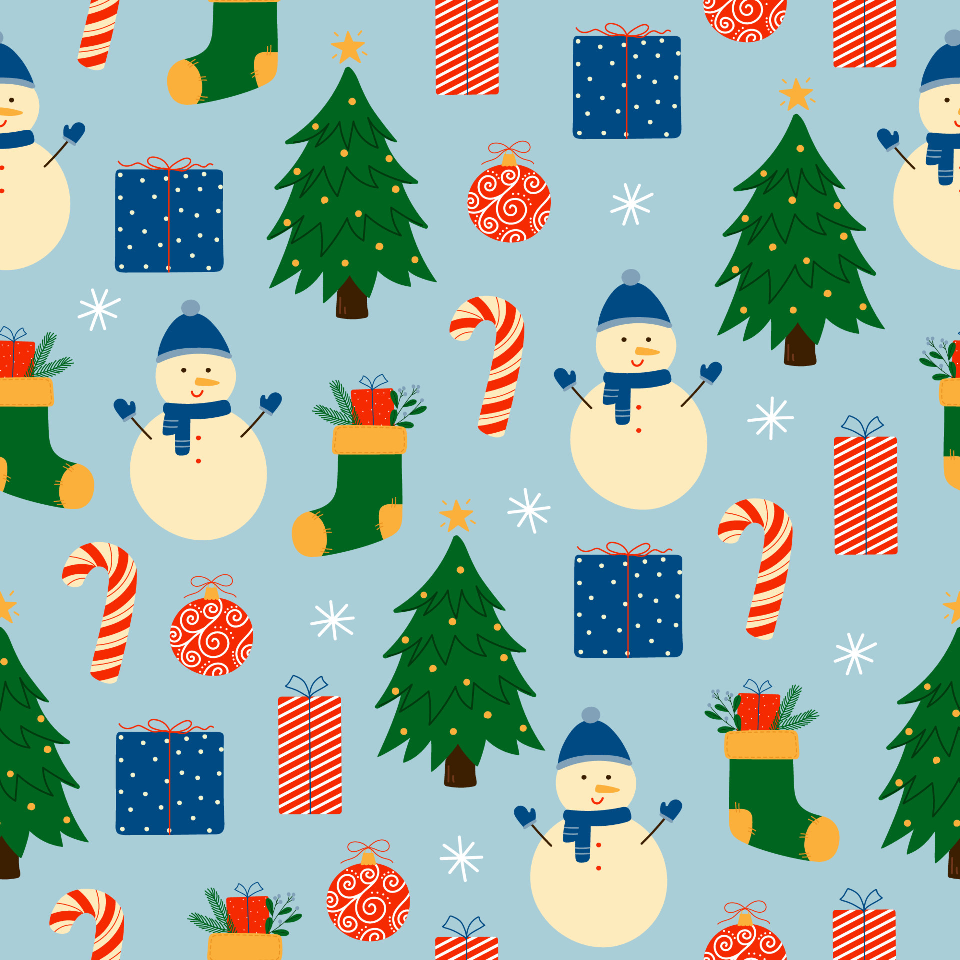 Christmas seamless pattern. Cute colorful winter elements on blue ...