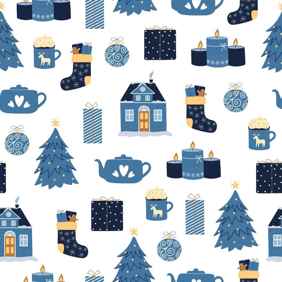 Navidad de patrones sin fisuras. lindos elementos de invierno en colores azul y marrón. vector