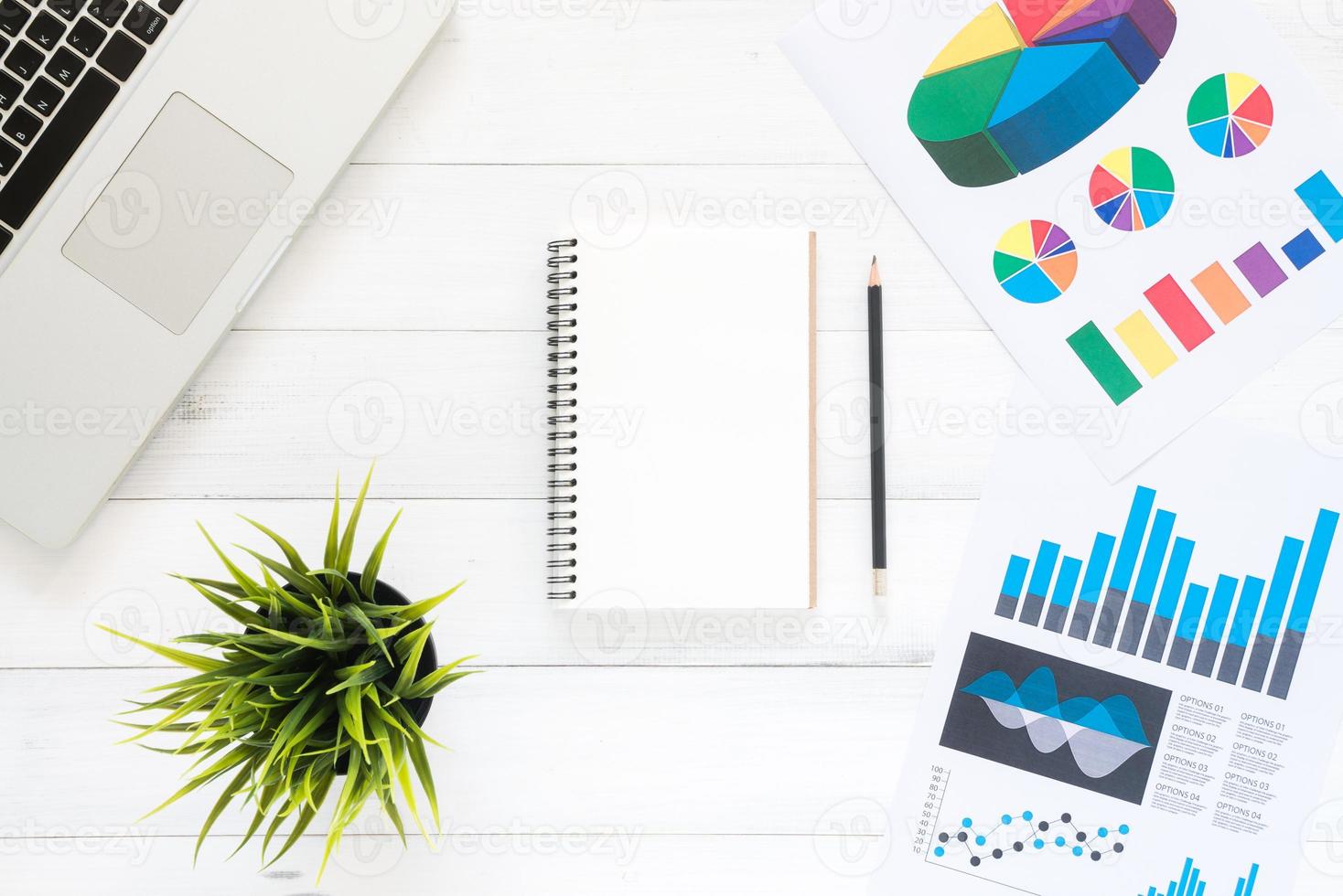 Minimal work space - Creative flat lay photo of workspace desk. Top view office desk with laptop, mock up notebooks and plant on white wooden background. Top view with copy space, flat lay photography