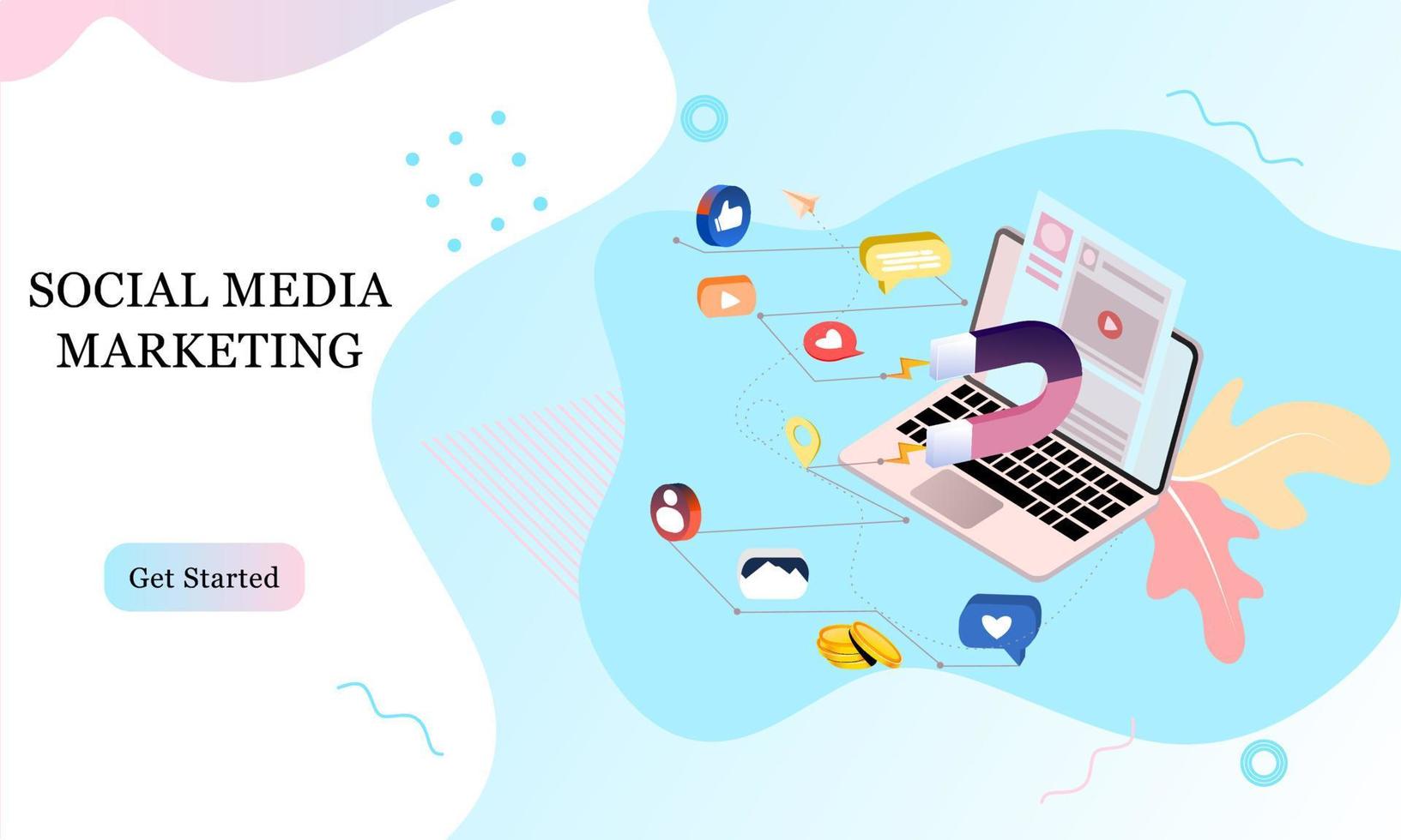 Landing page 3d isometric of social media marketing. Communication in social networks. Image of mobile phone, laptop with chat, likes and money for infographics, banner, website, promotional material. vector