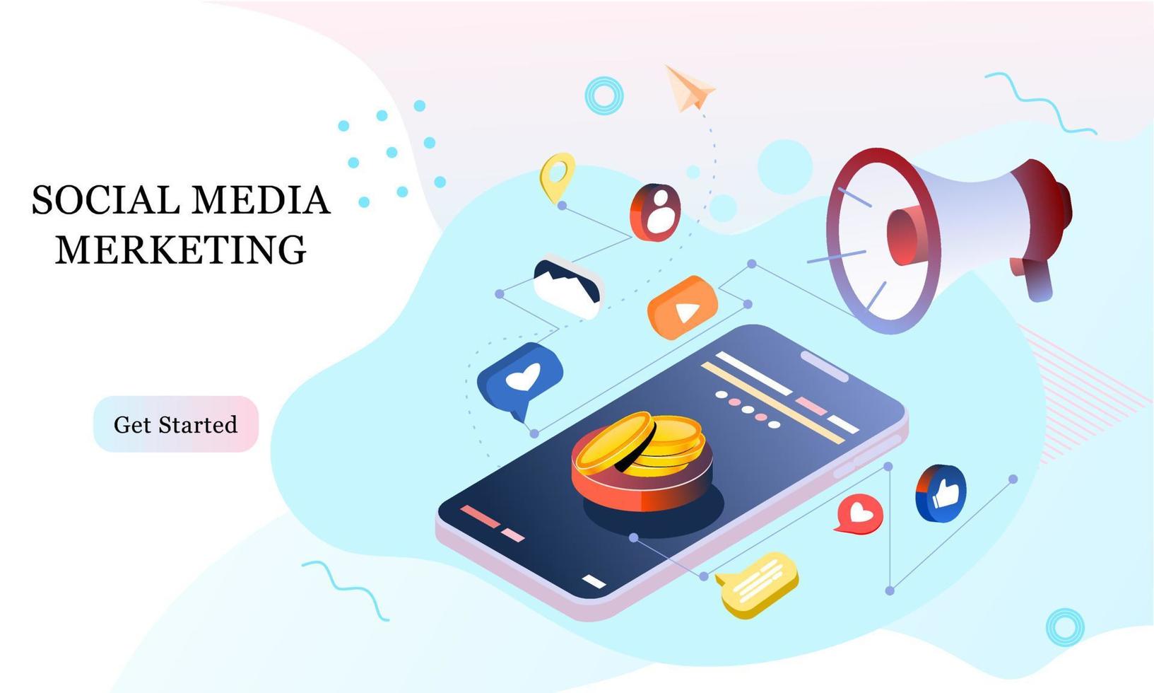 Landing page 3d isometric of social media marketing. Communication in social networks. Image of mobile phone, laptop with chat, likes and money for infographics, banner, website, promotional material. vector