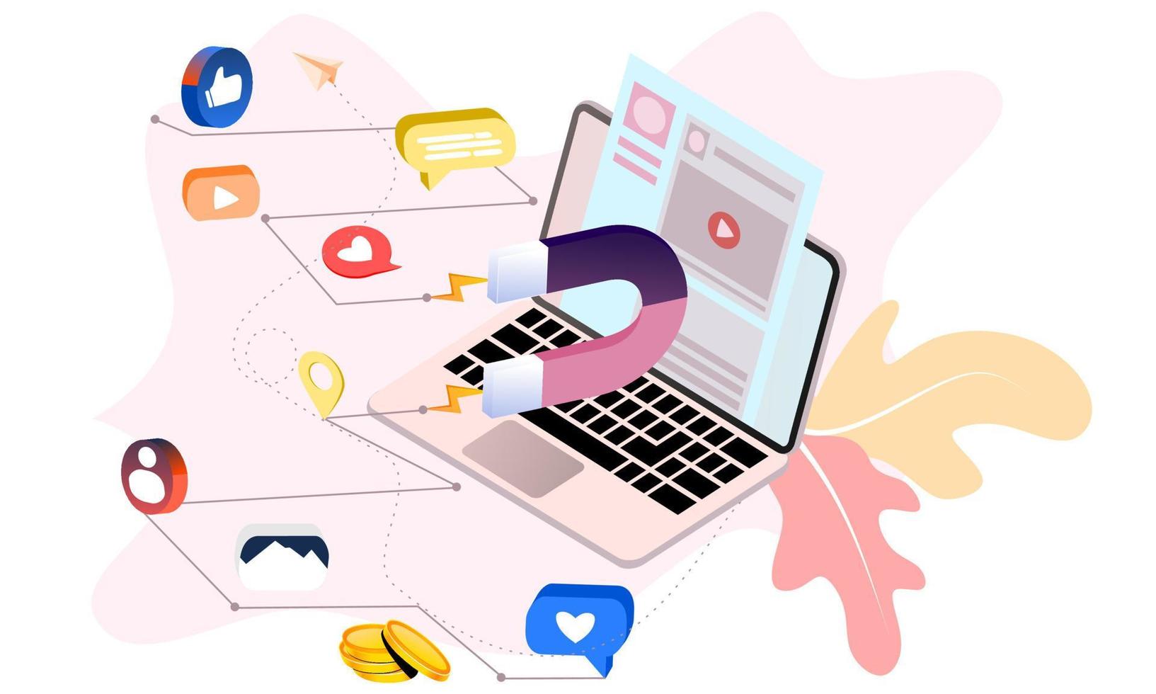 Landing page of social media marketing. Communication in social networks. Image of mobile phone with chat, likes and money. 3d isometric design for infographics, banner, website, promotional materials vector