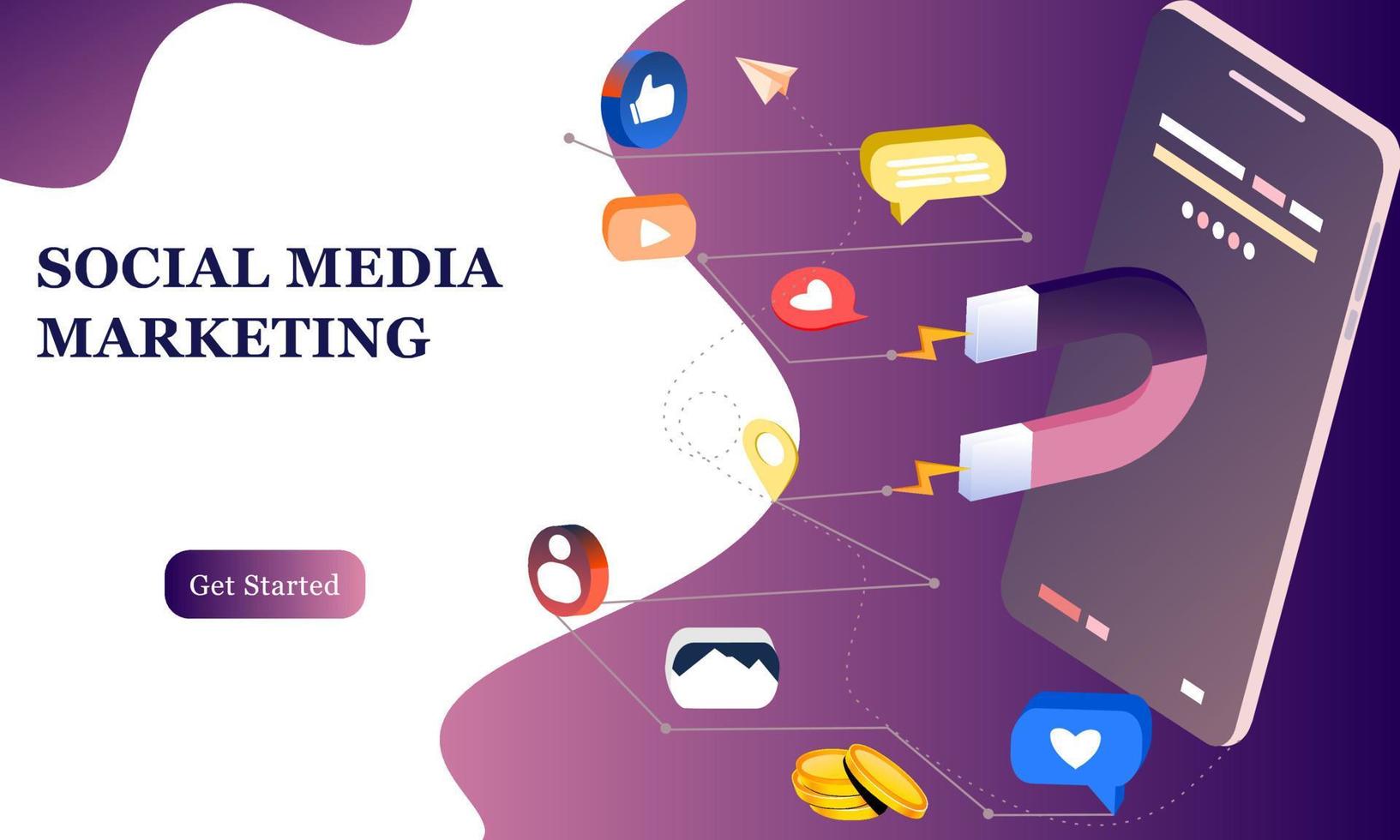 Landing page of social media marketing. Communication in social networks. Image of mobile phone with chat, likes and money. 3d isometric design for infographics, banner, website, promotional materials vector