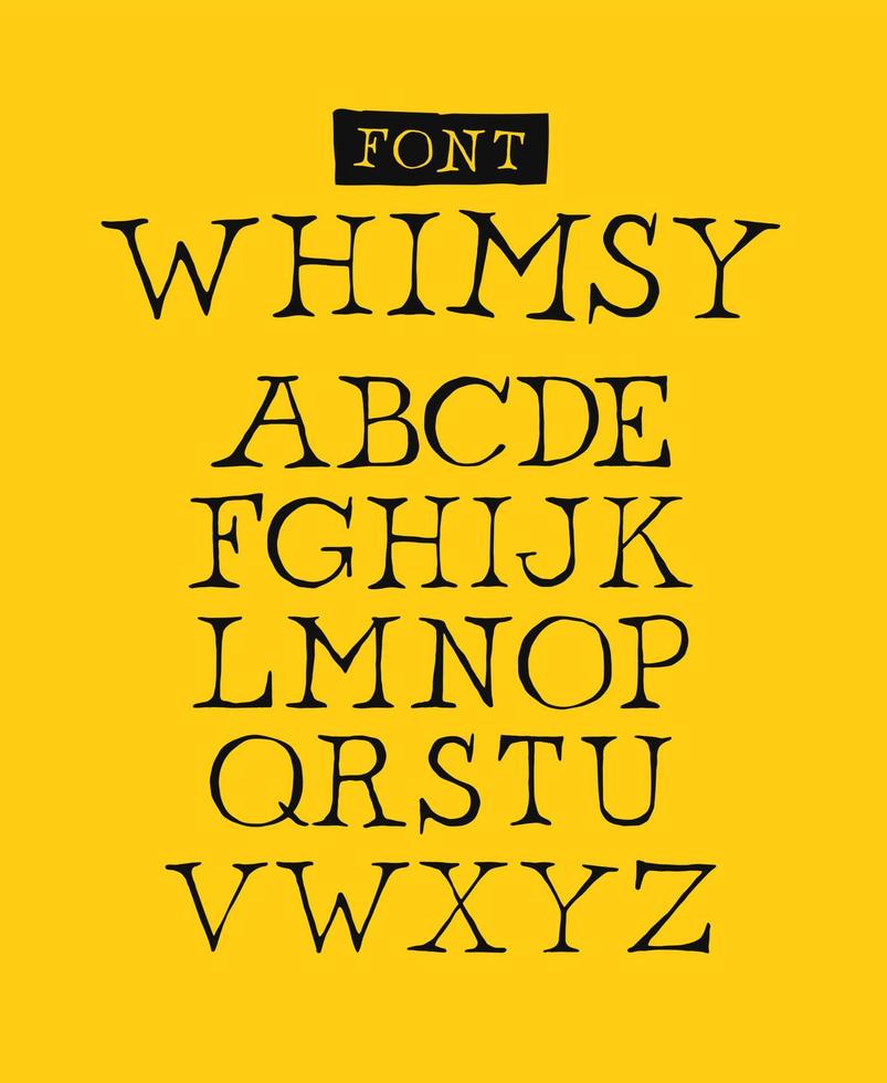 Set of letters of the English font. Vector. Font name whimsy. Alphabet of latin letters. The style is free, arbitrary, inscription of characters by hand. Something like a classic font. vector