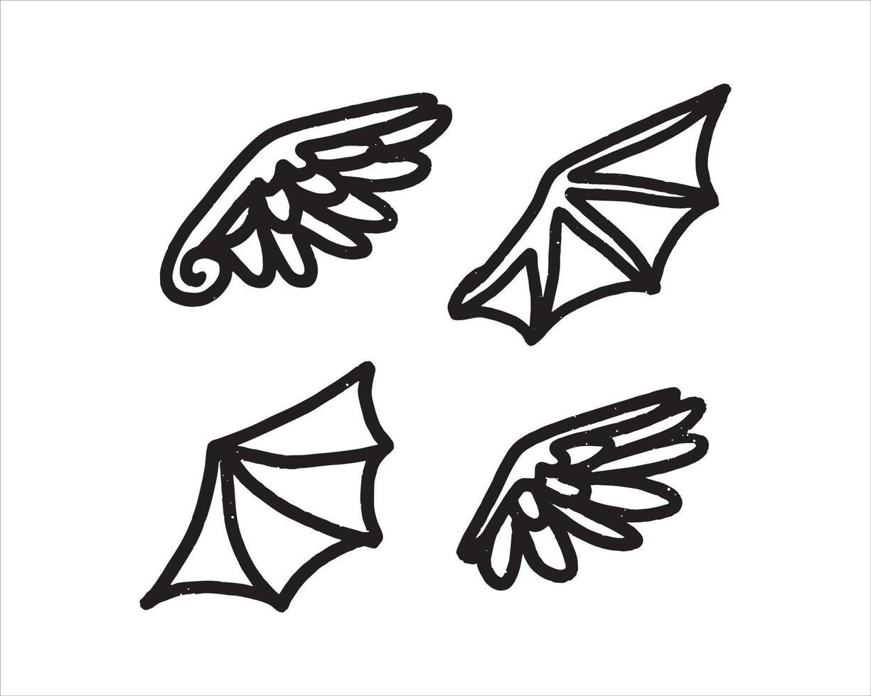Ilustración de alas de diablo y ángel en un estilo de dibujo simple. el dibujo dibujado a mano de varios conjuntos de alas. vector