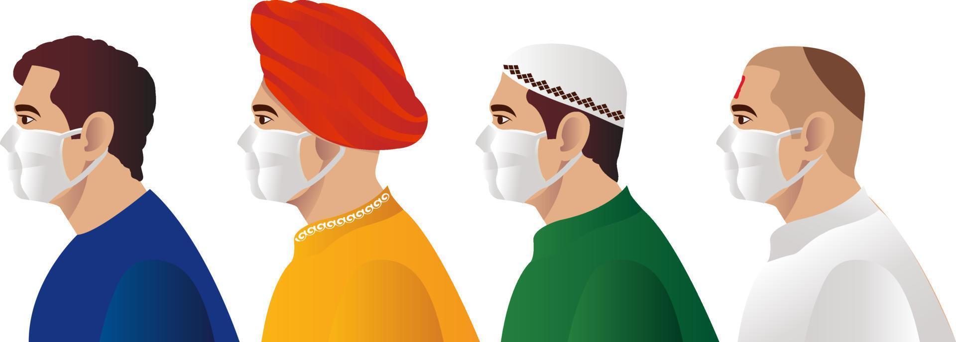 'Hindu, Muslim Sikh, Christian  Any religion, Mask is must' written in Hindi, Indian language vector