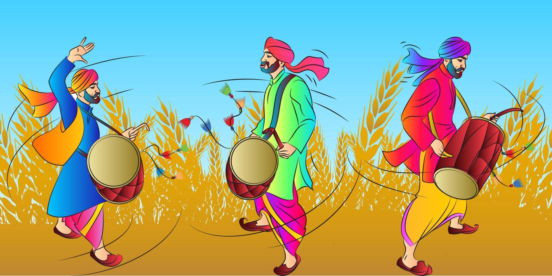 Punjabi bhangra drummer in harvest festival Lohari, vector illustration
