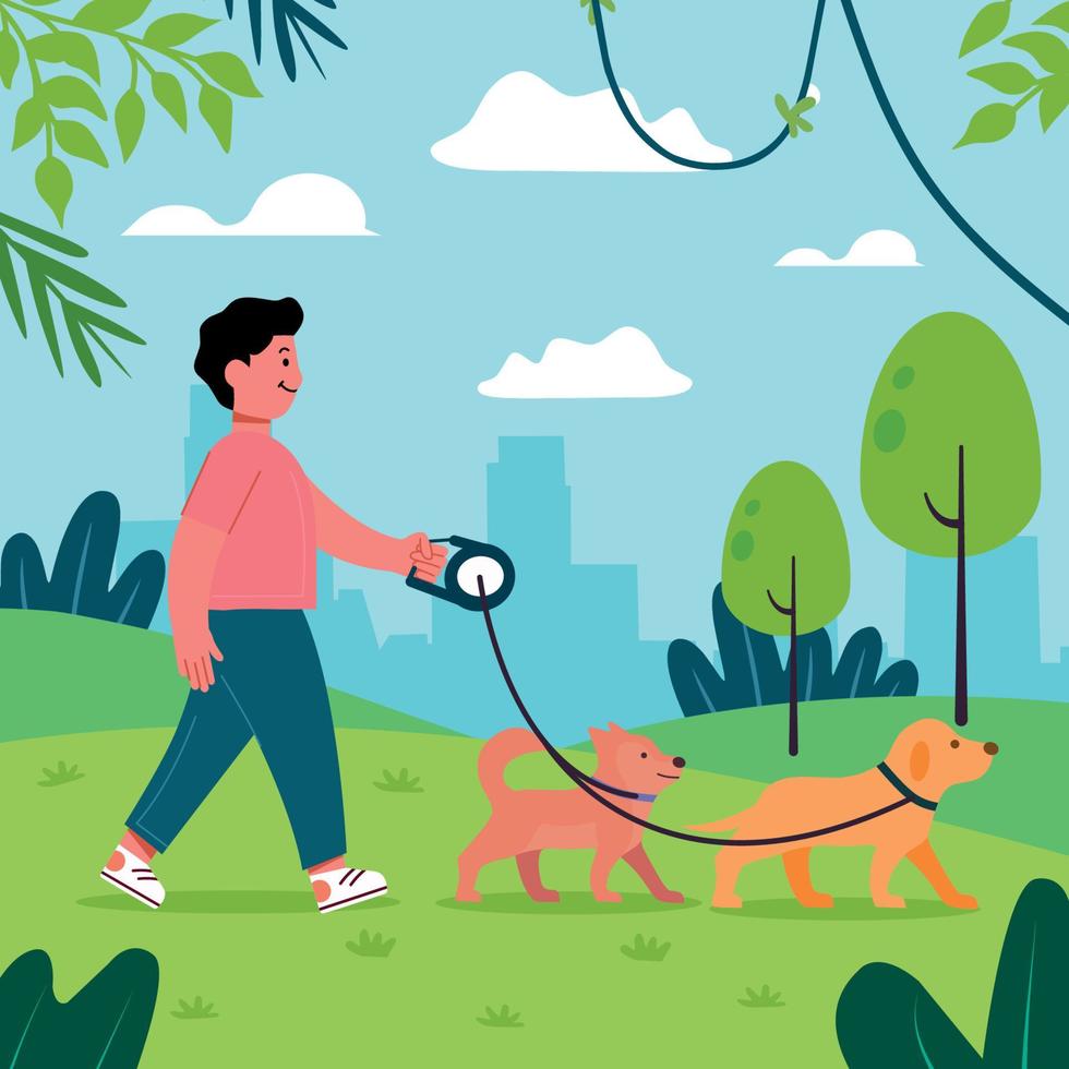 Boy Walk Around with His Dogs at the Park vector