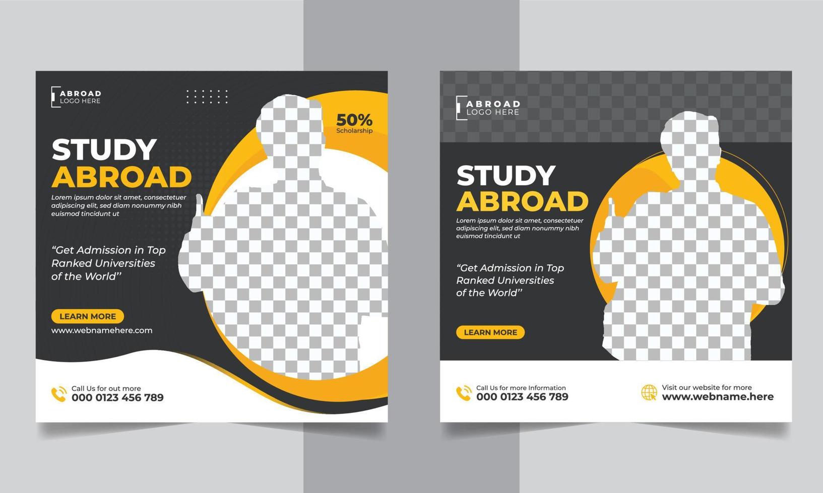 Study abroad social media post, education web banner square flyer template vector