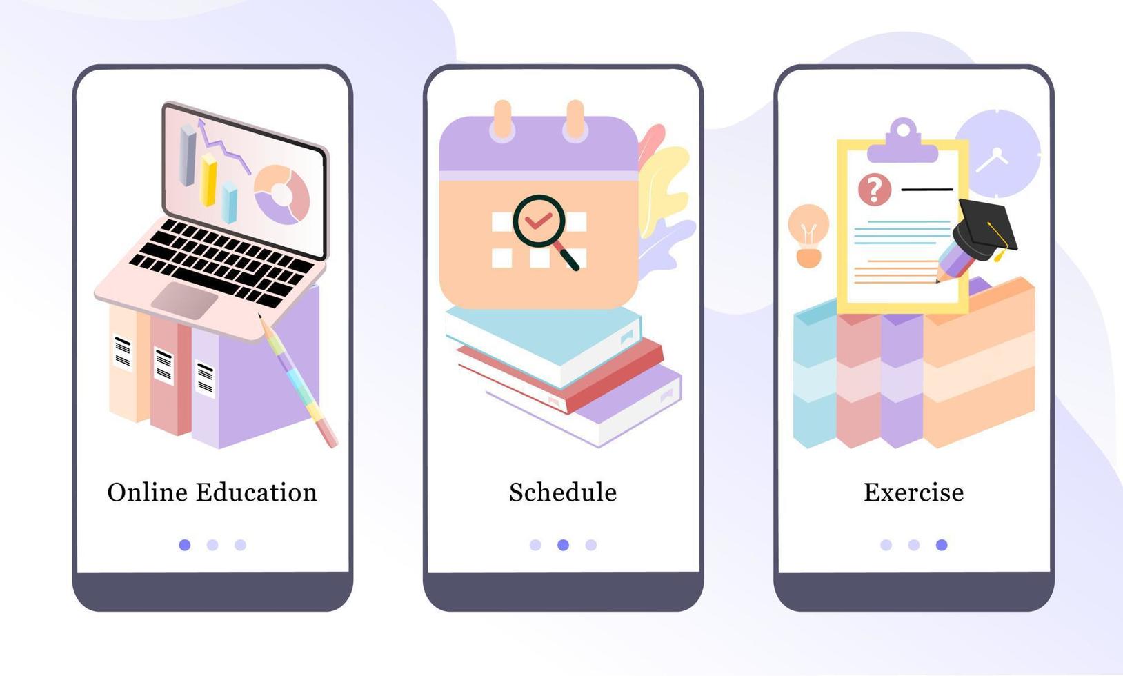 E-learning mobile app onboarding screens. Online Education, Schedule and Exercise. Menu vector banner template for website and UI mobile development. Web site design 3D isometric flat illustration.