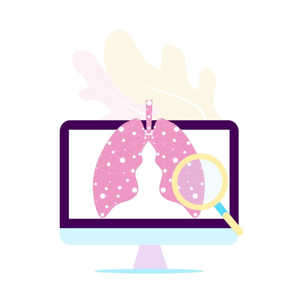 Isometric Lungs Checkup on the screen. Medical internet consultation concept. 3D Lungs healthcare consulting web service, pulmonology fluorographic examination, hospital service vector illustration.