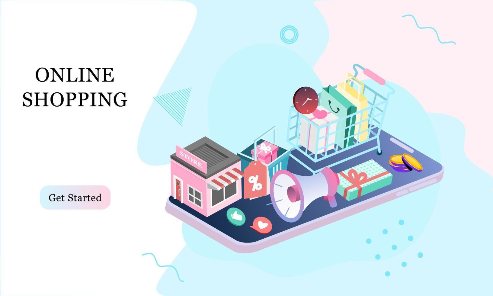 Landing page of 3d isometric online shopping on websites or mobile applications concepts of vector e-commerce and digital marketing. Memphis style illustration for banner online store promotion.