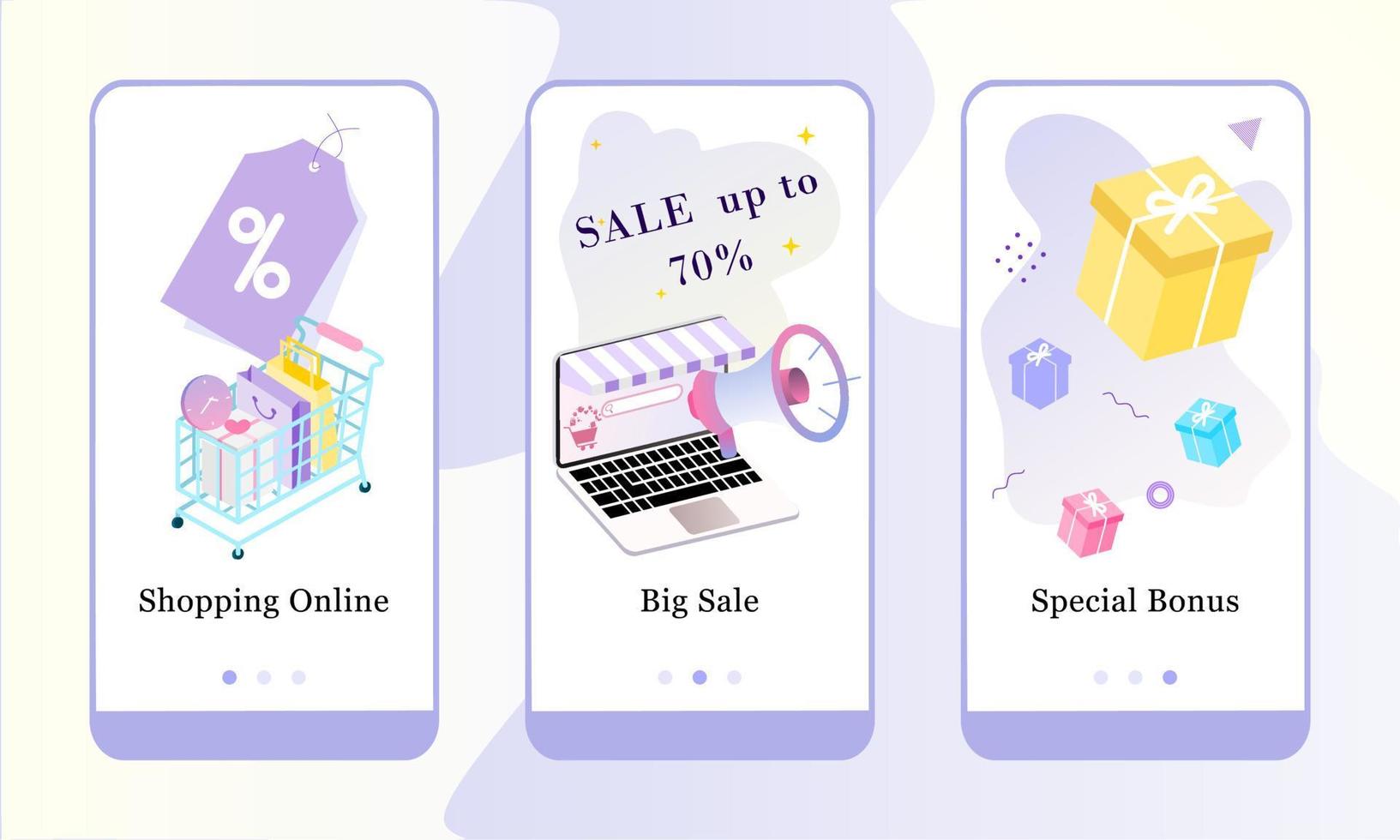 Shopping sale store UI mobile app page onboard screen set. Big ecommerce discount gift, big sale, special bonus concept for website or web page. Modern vector illustrations for user interface.