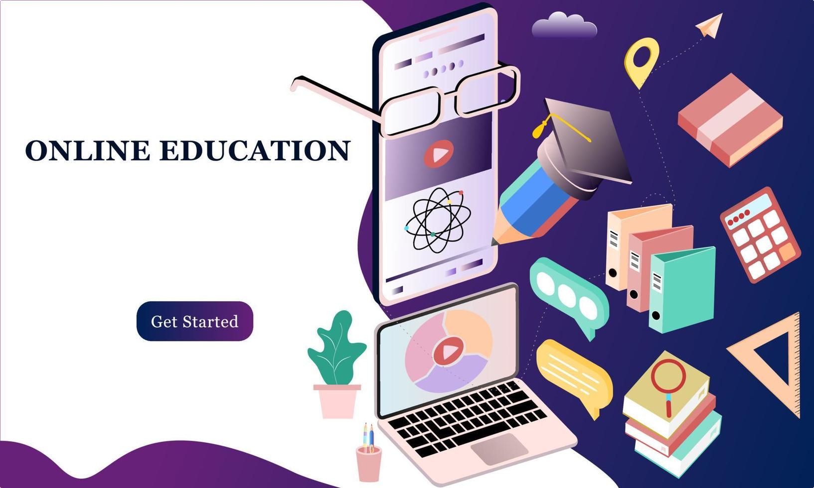 Modern flat design isometric concept of Online Education for banner and website. Isometric landing page template. Online training courses, university studies, e-learning research. Vector illustration.
