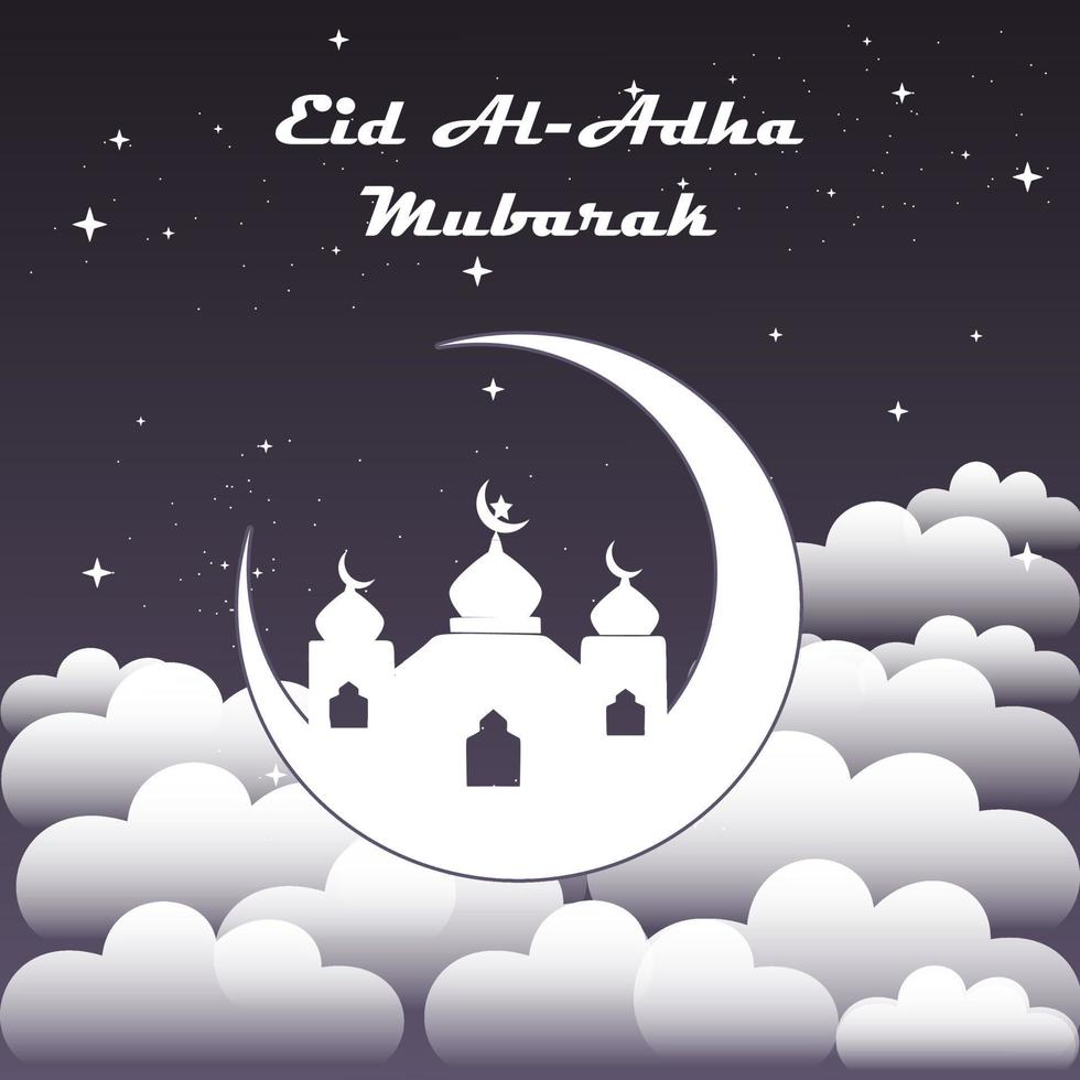 Eid Al Adha Mubarak greeting card vector design. Islamic beautiful background with mosque, star, moon and text Eid Al-Adha Mubarak. Islamic illustration for muslim community sacrifice celebration.