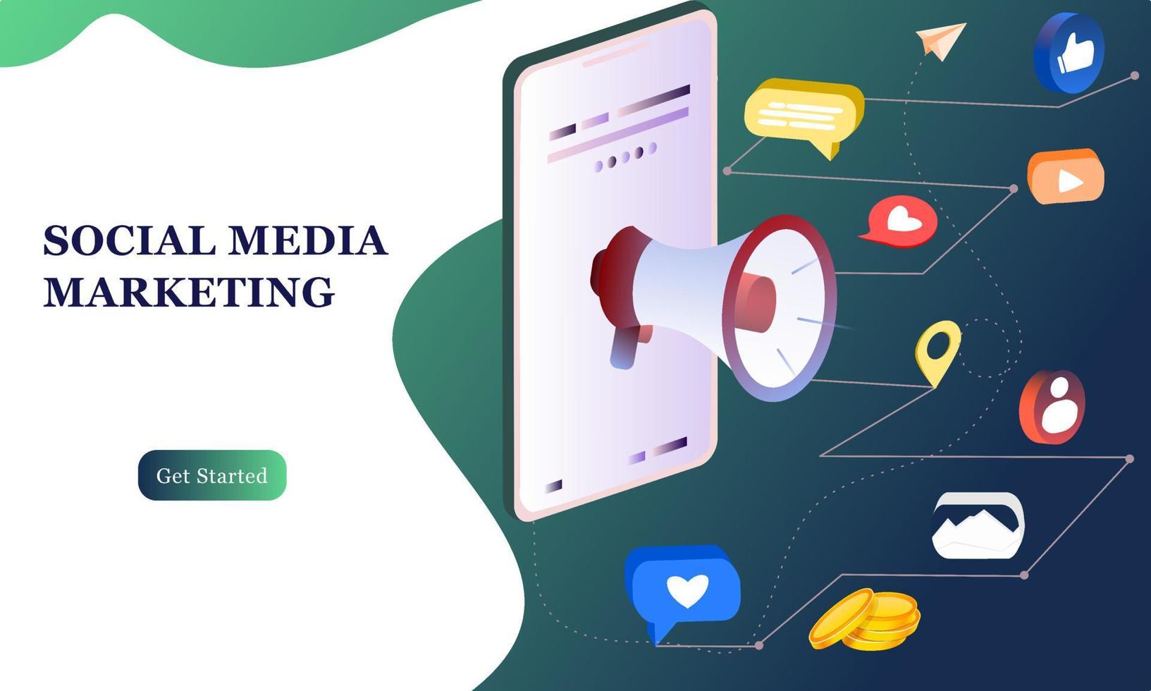 Landing page of social media marketing. Communication in social networks. Image of mobile phone with chat, likes and money. 3d isometric design for infographics, banner, website, promotional materials vector