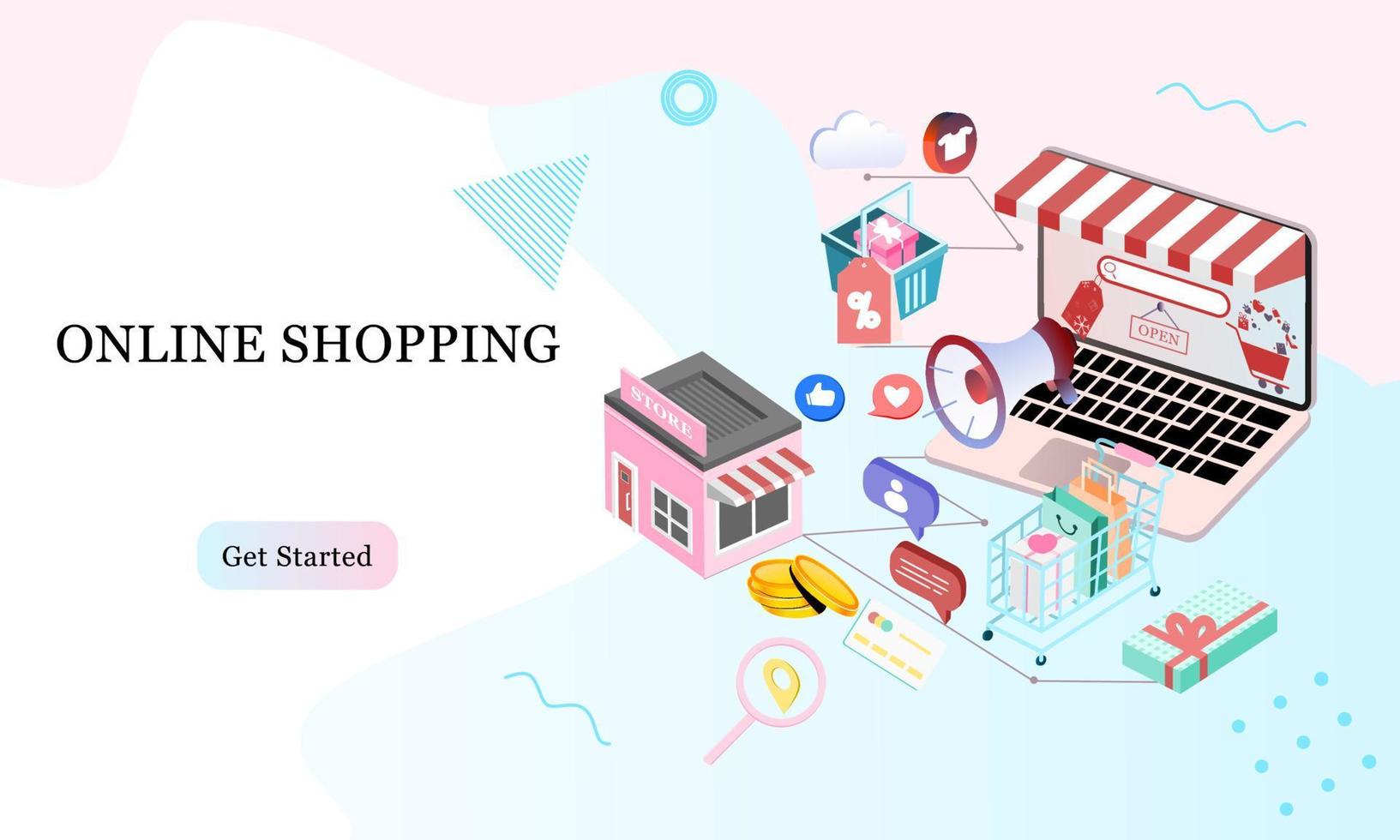 Landing page of 3d isometric online shopping on websites or mobile applications concepts of vector e-commerce and digital marketing. Memphis style illustration for banner online store promotion.