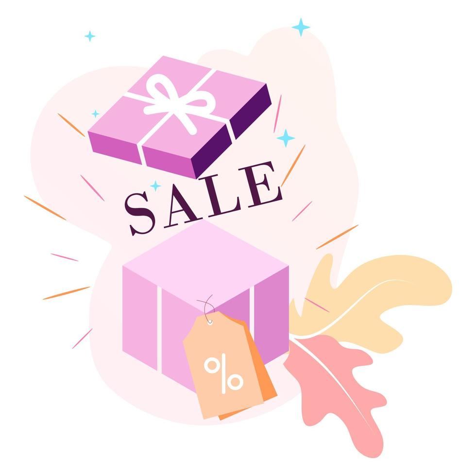 Customers getting reward gift. Happy about discount, cashback, coupon, big sale or voucher promotion. Flat Isometric vector illustration for sale, loyalty program, bonus, promotion concept.