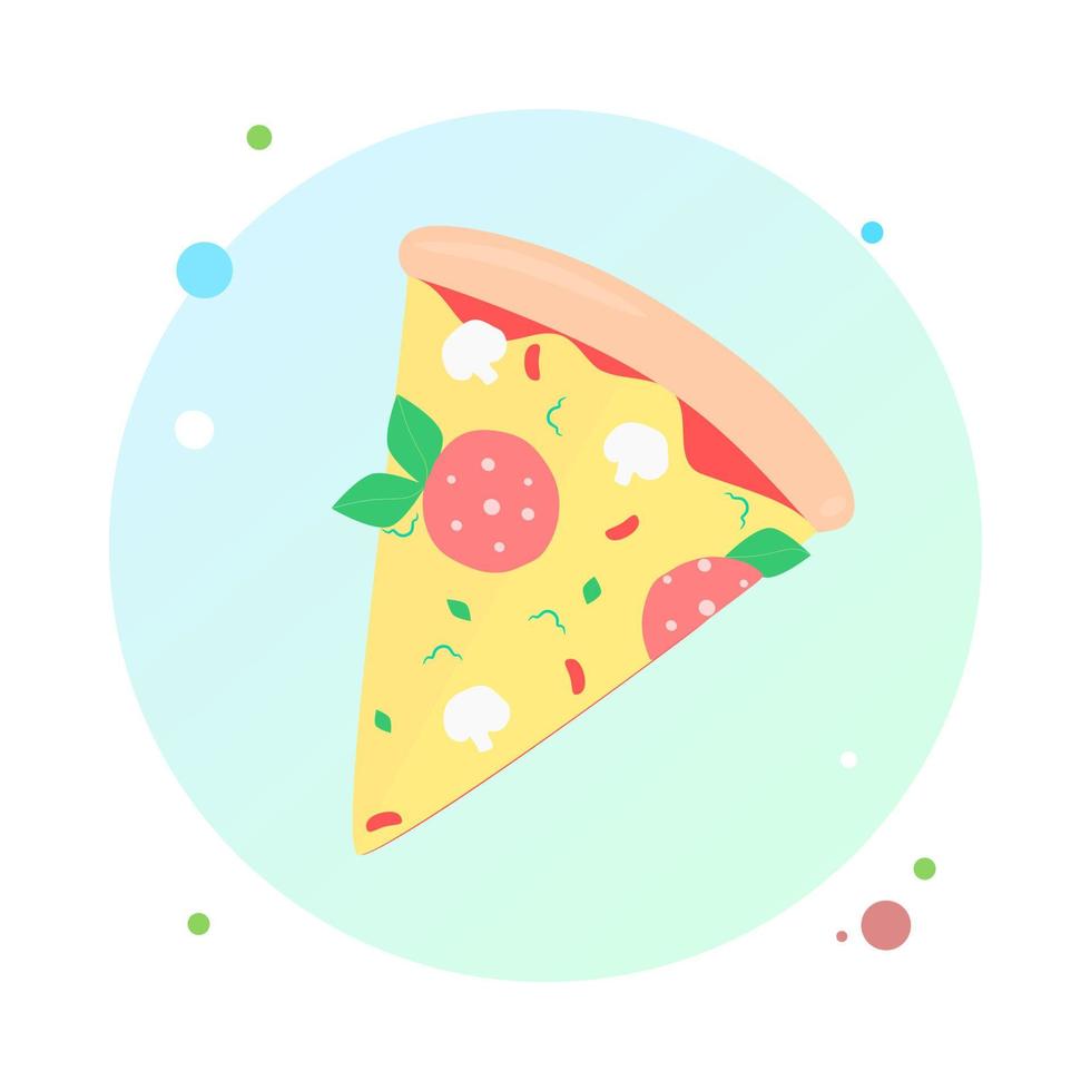 Pizza slice in circle icon. Slice of cheesy pepper pizza with melted cheese, mushrooms, sausage, pepperoni icon. Pizza vector illustration. Decoration for greeting cards, posters, patches, prints.