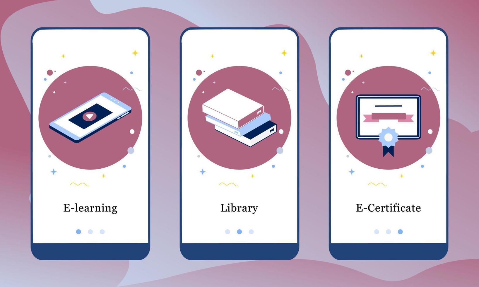 Mobile application design template set for E-Learning, Library and E-Certificate. UI on boarding screens design concept. 3D Isometric online course in modern vector illustrations for user interface.