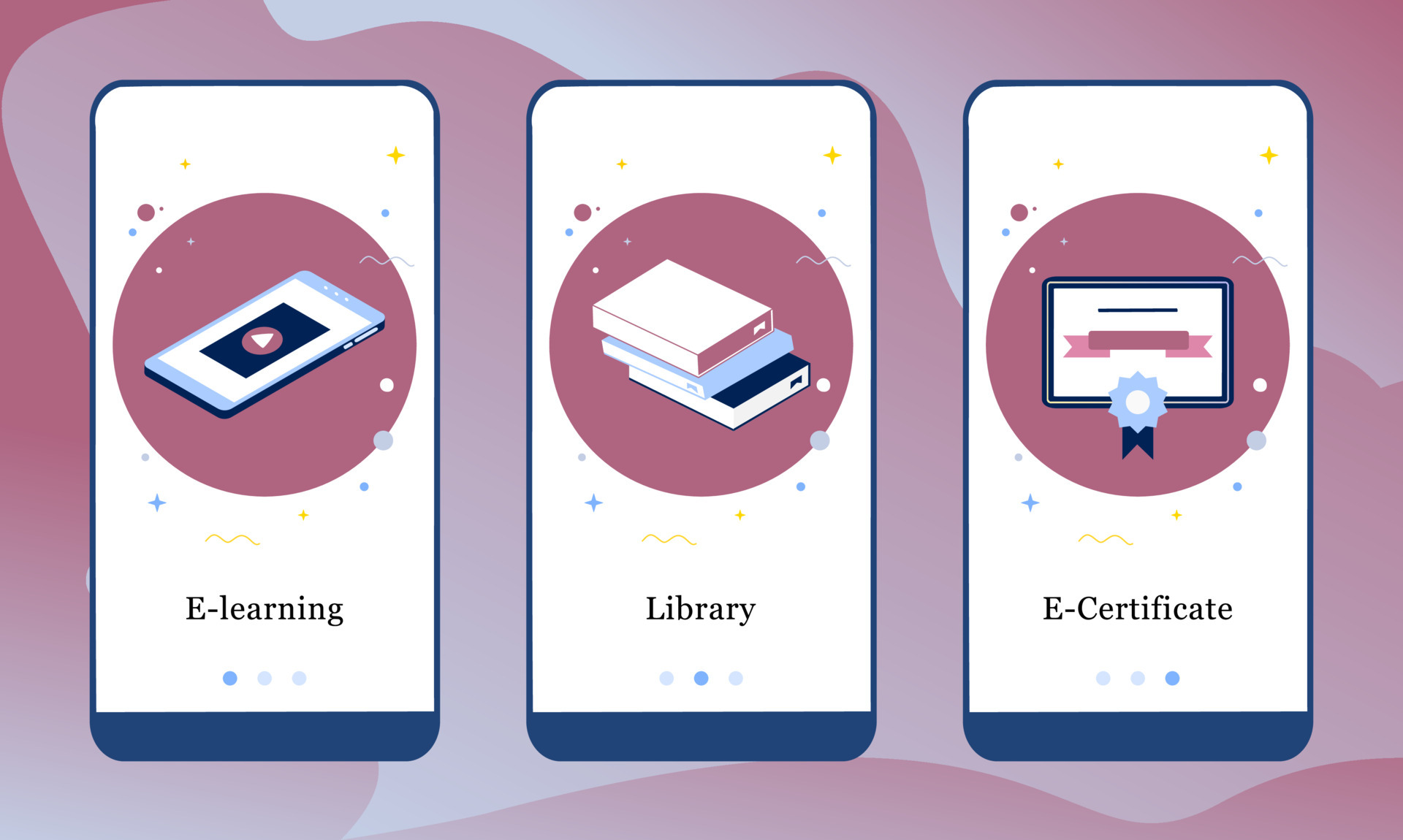 Mobile application design template set for ELearning, Library and E