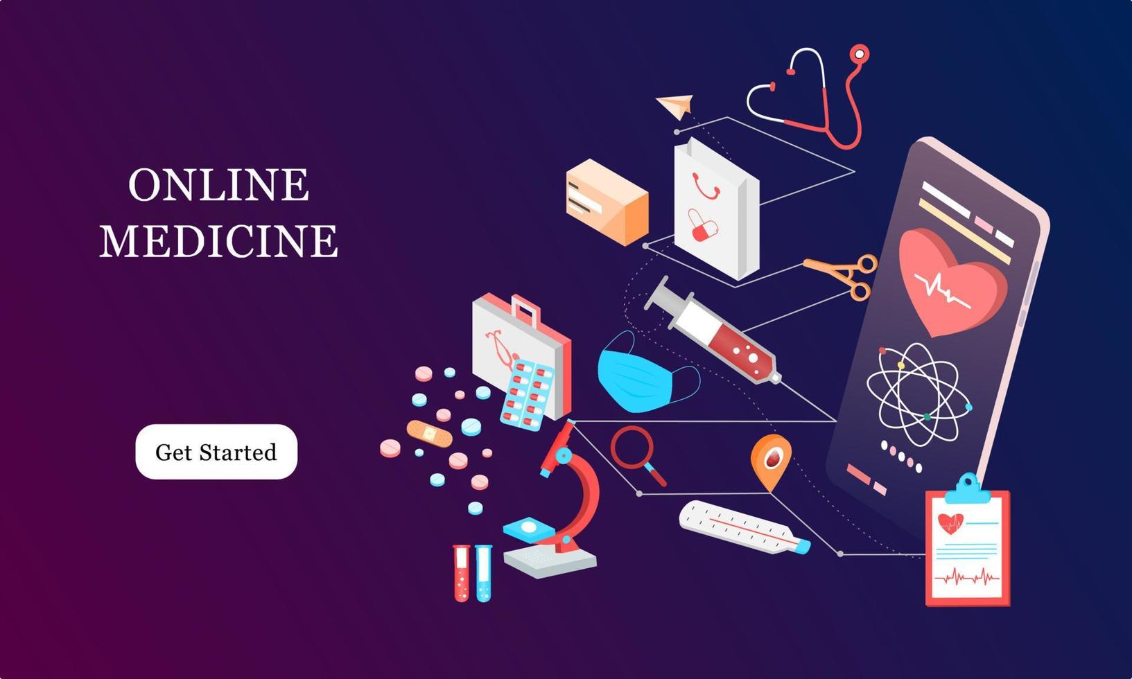 Isometric landing page design template for Online Pharmacy, Online Medicine, Medical Service and Healthcare Insurance. Flat isometric vector illustration for backgrounds, infographics, web banners.