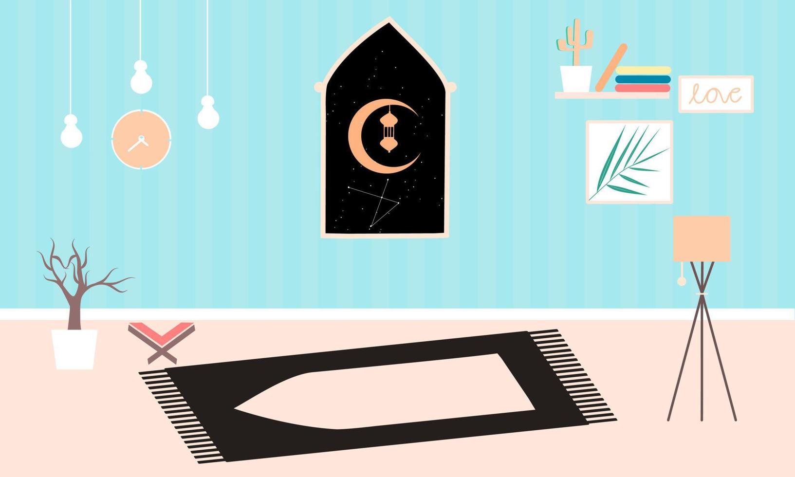 rezar y adorar en la habitación de su casa para el concepto de Ramadán en la página de destino. reloj de decoración del hogar, olla, foto, lámpara, ventana, libro y sagrado Corán. Adecuado para fondo, animación de imágenes, gráficos en movimiento. vector