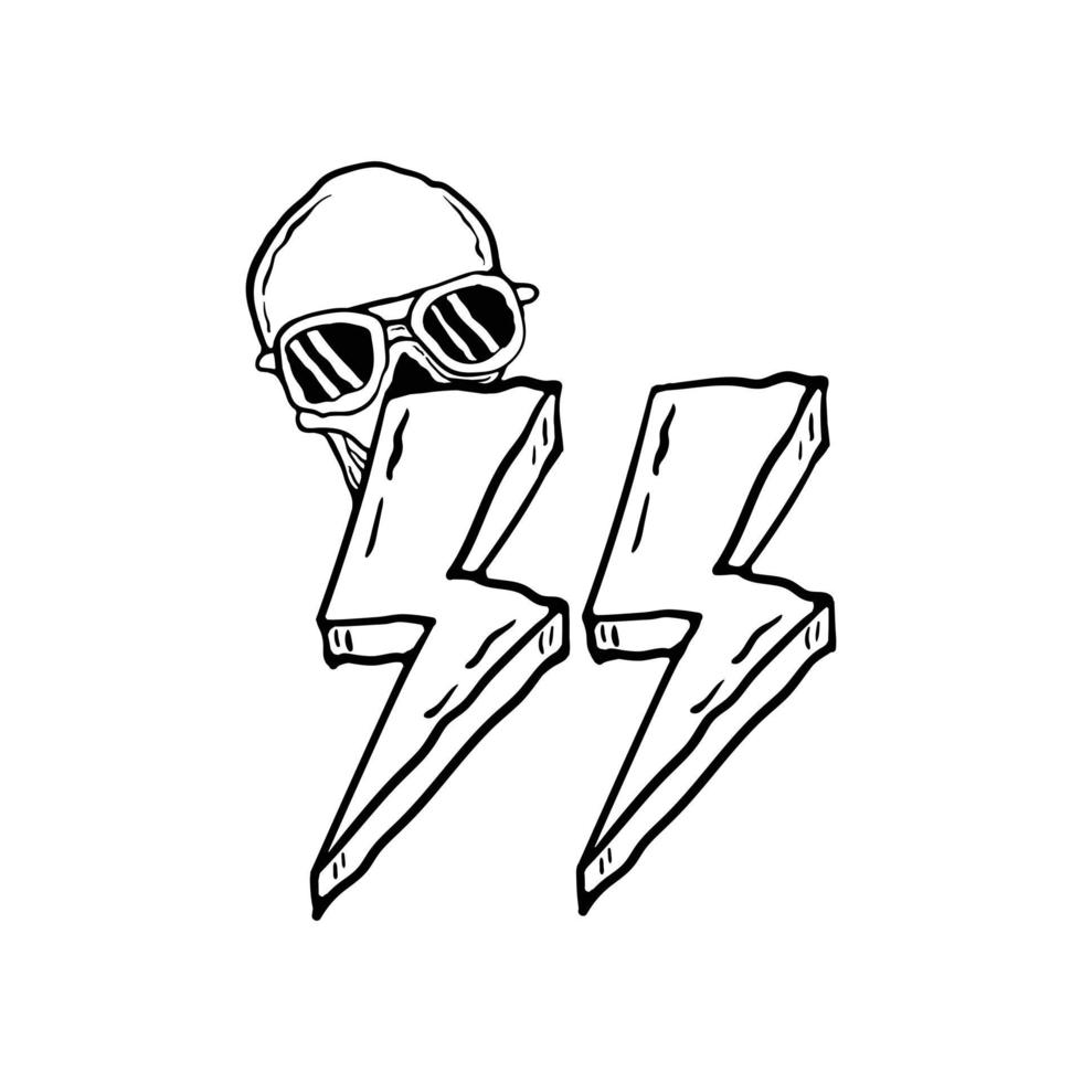 skull thunder black and white with hand drawn style vector illustration