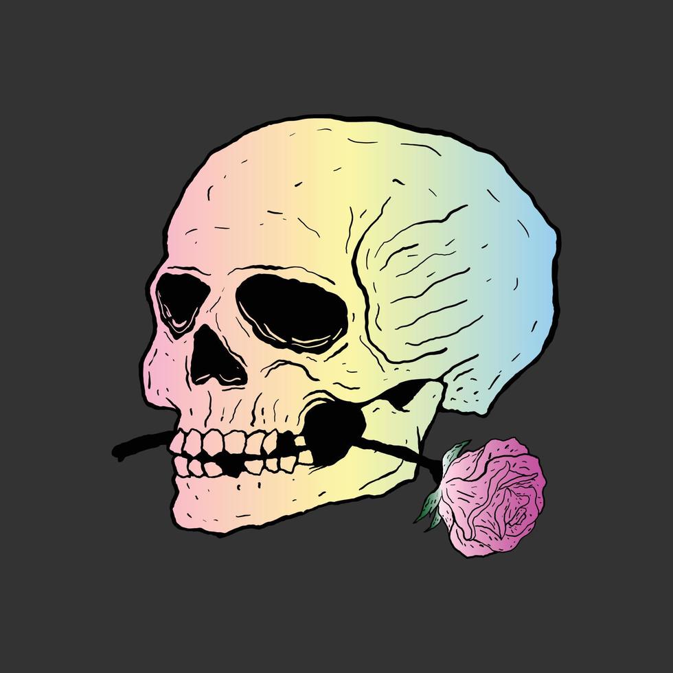 skull rose hand drawn colorful vector illustration