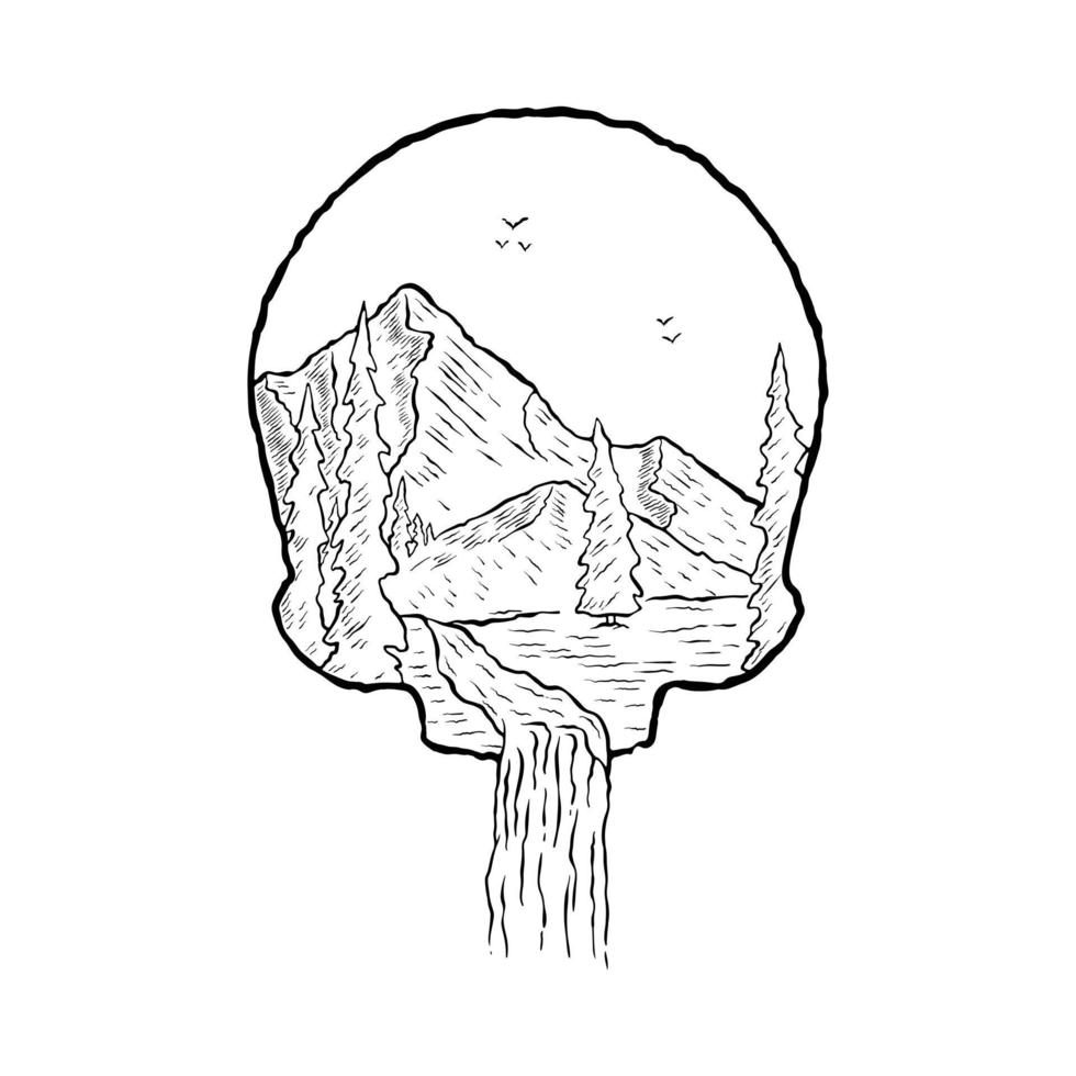 dibujo de paisaje dentro del cráneo, con estilo dibujado a mano en blanco y negro vector