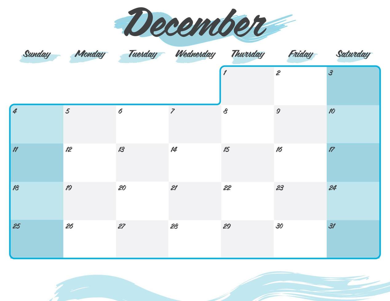 december elegant brush 2022 monthly calendar planner printable vector