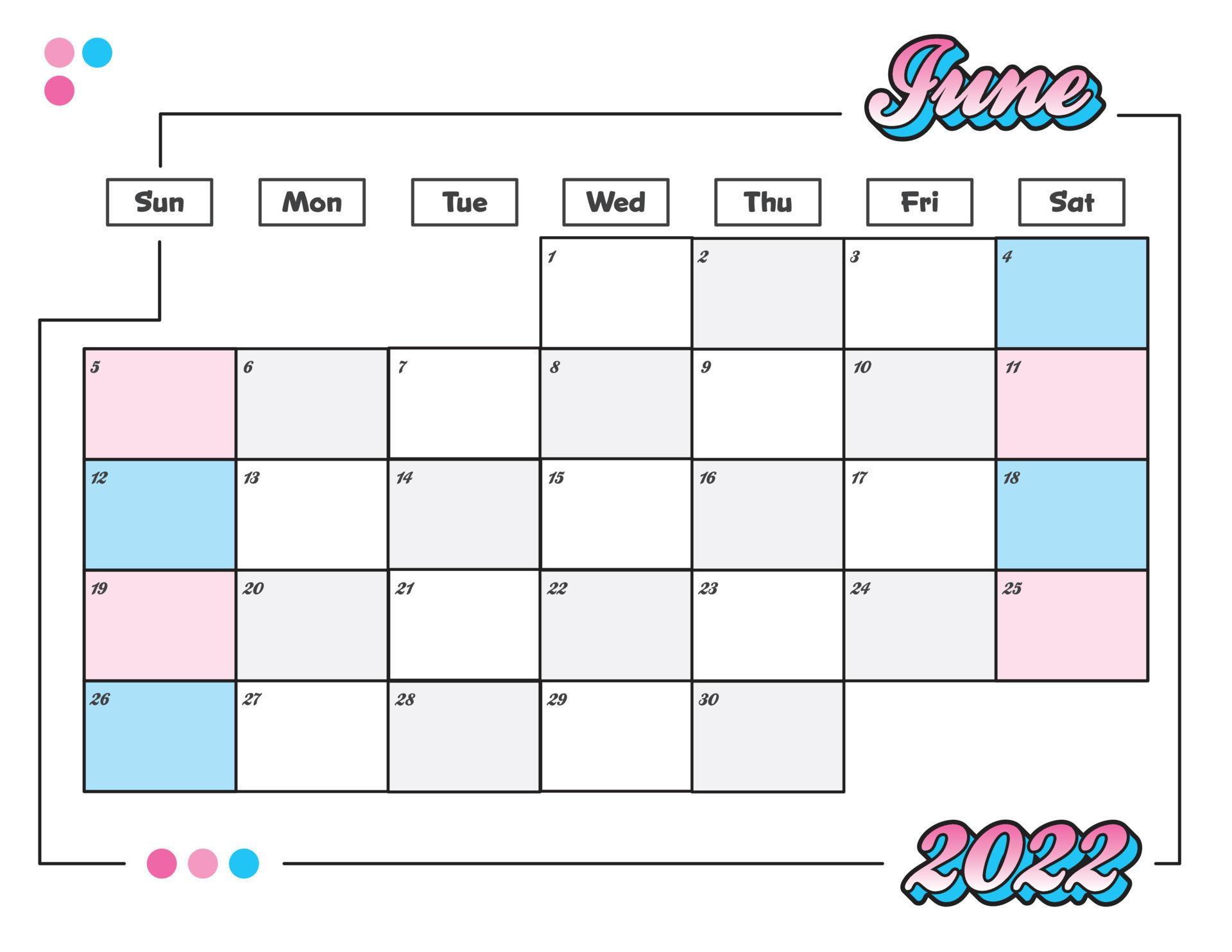 june colorful cute 2022 monthly calendar planner printable 4756669 vector art at vecteezy