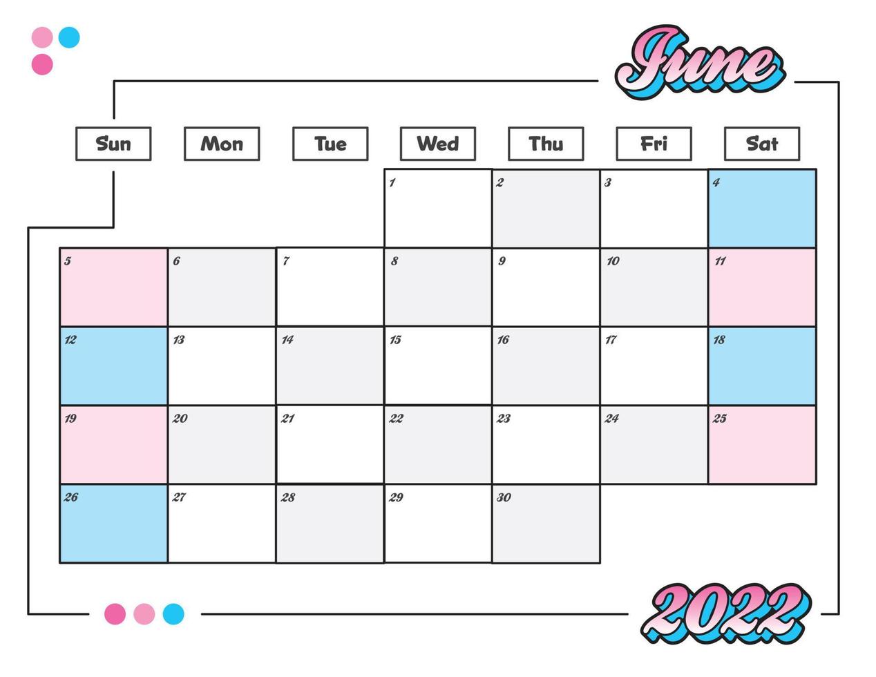 junio colorido lindo calendario mensual 2022 imprimible vector