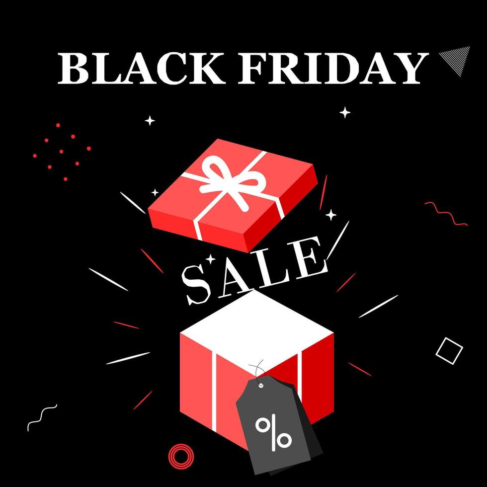 super venta viernes negro. Cajas de regalos negros 3D en fondo oscuro. concepto de oferta en línea para comercio electrónico, campaña de descuento, gran venta, cyber monday. banner de ilustración vectorial, cartel, plantilla, volante. vector