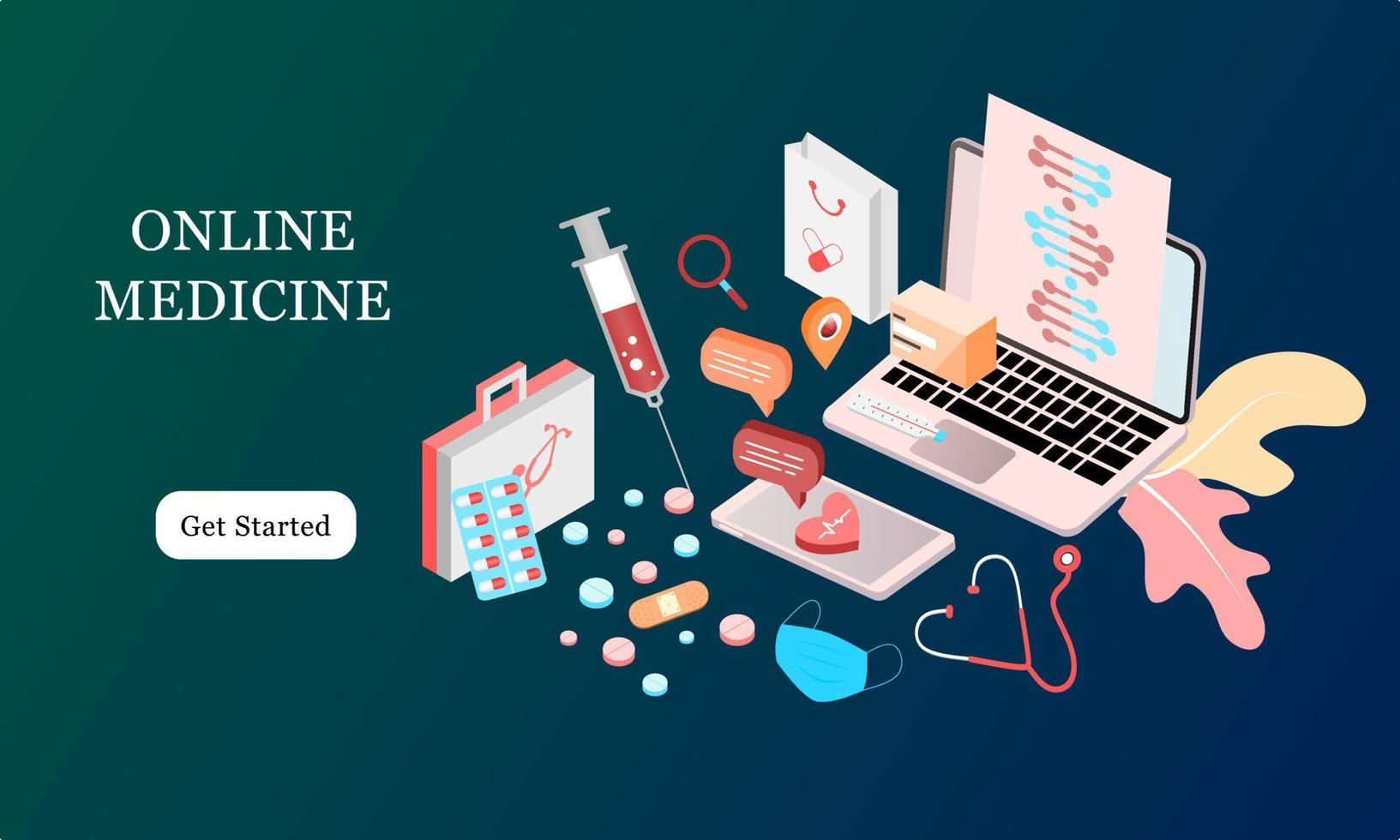 Isometric landing page design template for Online Pharmacy, Online Medicine, Medical Service and Healthcare Insurance. Flat isometric vector illustration for backgrounds, infographics, web banners.