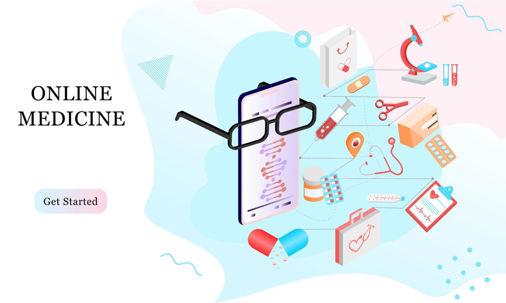 Isometric landing page design template for Online Pharmacy, Online Medicine, Medical Service and Healthcare Insurance. Flat isometric vector illustration for backgrounds, infographics, web banners.