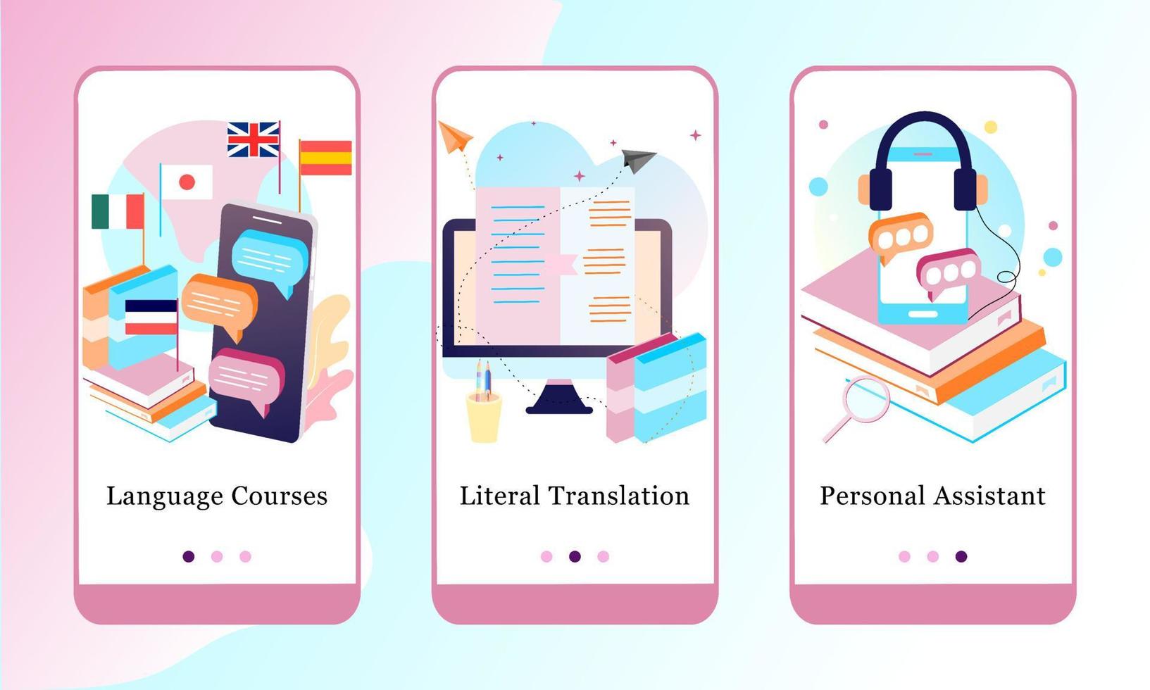 Online education mobile app onboarding screens. Language Courses, Literal Translation, Assistant. Menu vector banner template for website and UI mobile development design isometric flat illustration.