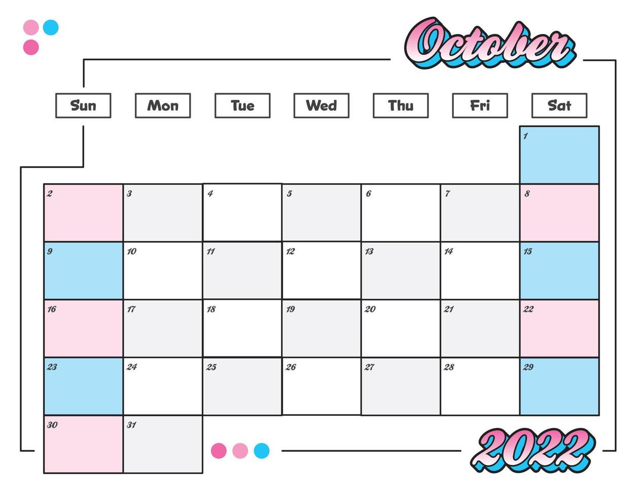 octubre colorido lindo calendario mensual 2022 imprimible vector