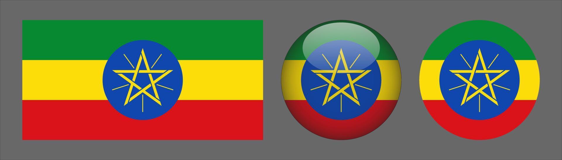 Ethiopia Flag Set Collection, Original Size Ratio, 3d Rounded and Flat Rounded vector