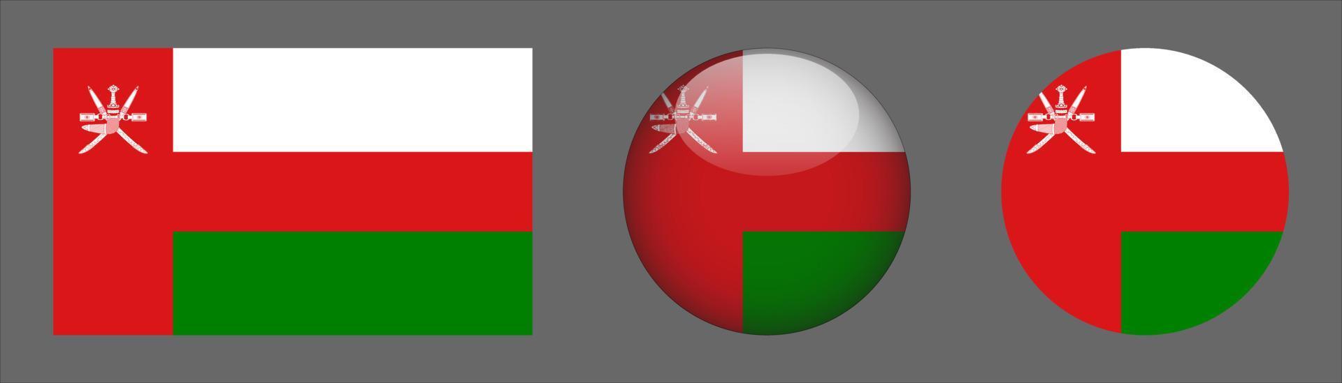 Oman Flag Set Collection, Original Size Ratio, 3D Rounded and Flat Rounded. vector