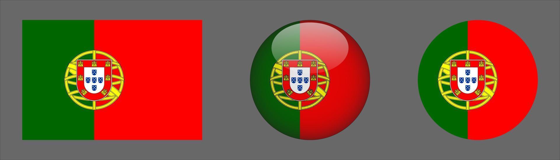 colección de conjunto de bandera de portugal, relación de tamaño original, redondeado 3d y redondeado plano. vector