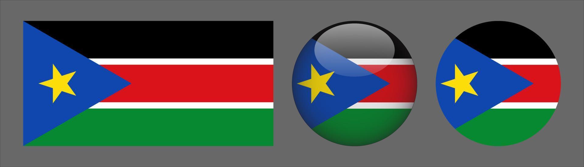 South Sudan Flag Set Collection, Original Size Ratio, 3D Rounded and Flat Rounded. vector