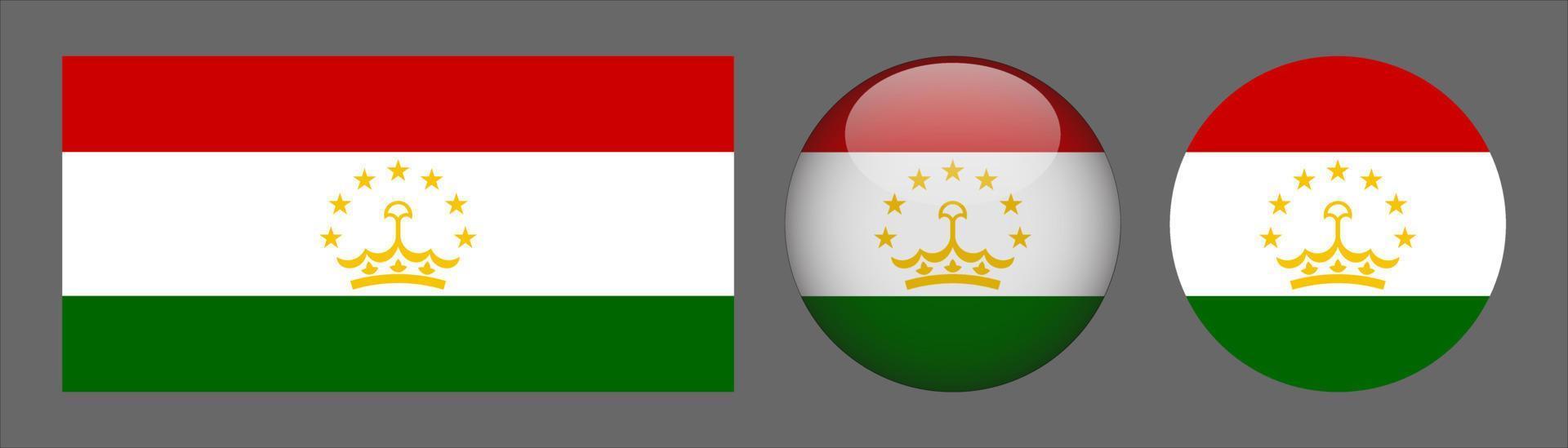 colección de conjunto de bandera de Tayikistán, relación de tamaño original, redondeado 3d y redondeado plano. vector