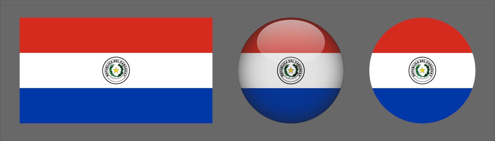 Paraguay Flag Set Collection, Original Size Ratio, 3D Rounded and Flat Rounded. vector