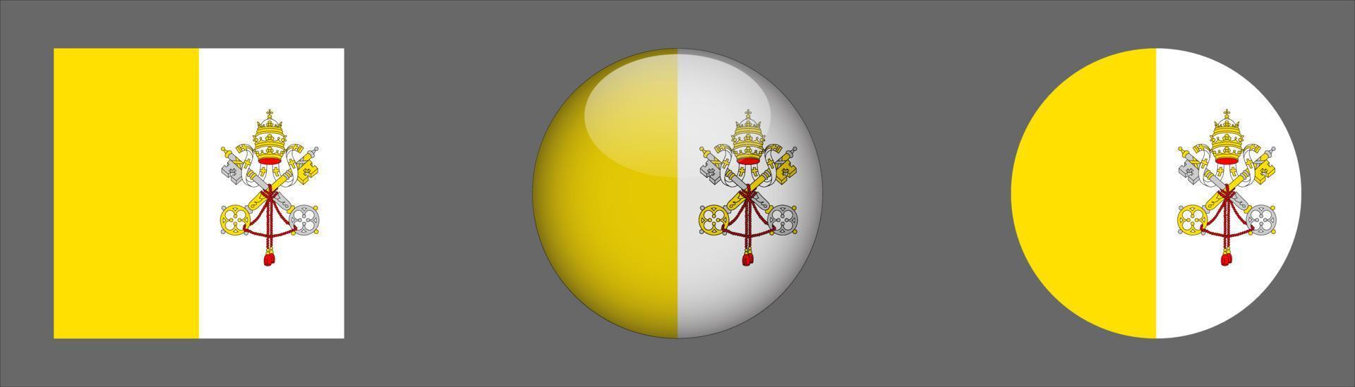 Vatican City Flag Set Collection, Original Size Ratio, 3D Rounded, Flat Rounded. vector