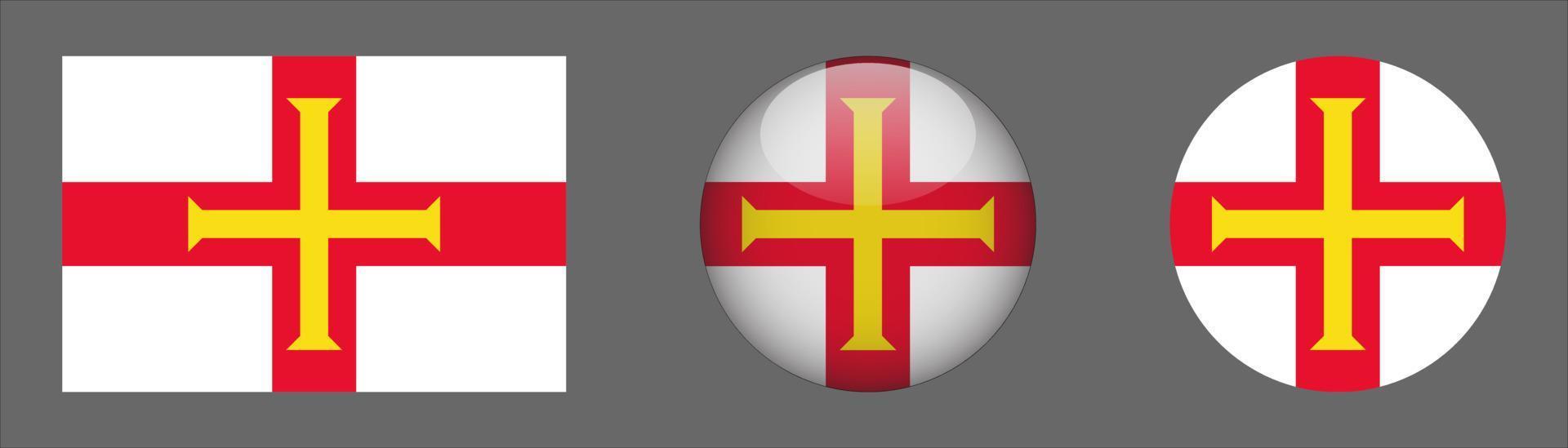Colección de conjunto de bandera de guernsey, relación de tamaño original, redondeado 3d y redondeado plano vector