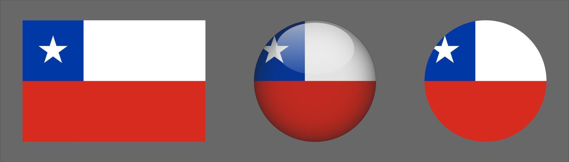 Colección de conjunto de bandera de Chile, relación de tamaño original, redondeado 3d y redondeado plano vector